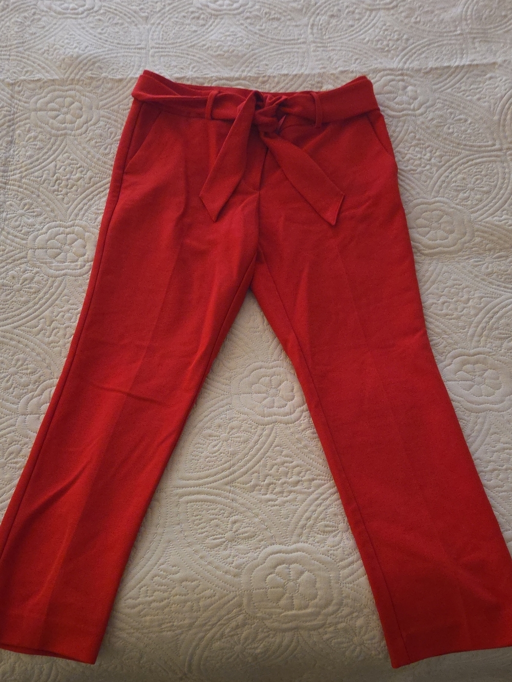 LOFT Red High-Waist Tie-Belt Cropped Pants